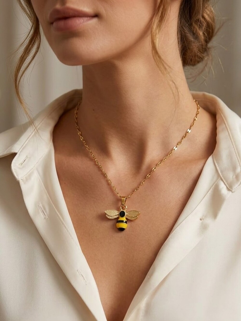 Gold Plated  Stainless Steel  Bee Pendant Necklace with Yellow and Black Enamel